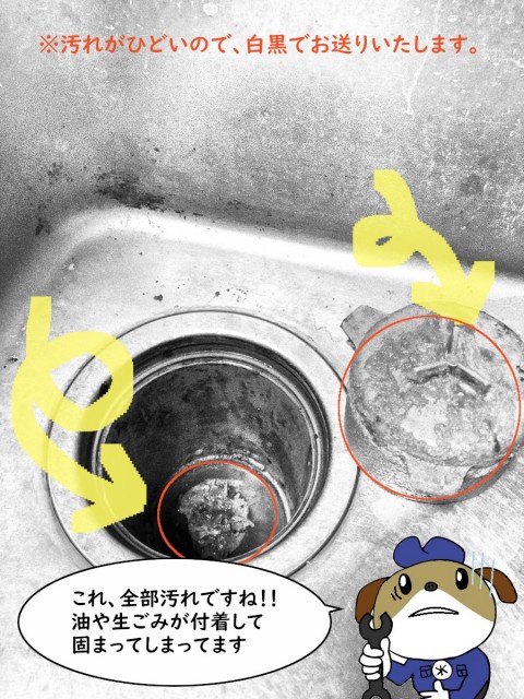 【画像】台所排水の写真です。排水カゴが無く、穴がポッカリあいてます。汚れがこびりついています。