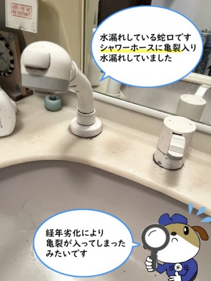 【画像】洗面蛇口がうつっています。洗面台に取り付けられている蛇口で、ハンドルと水の出る部分が分かれているタイプです。プラスチック製の白い蛇口です。