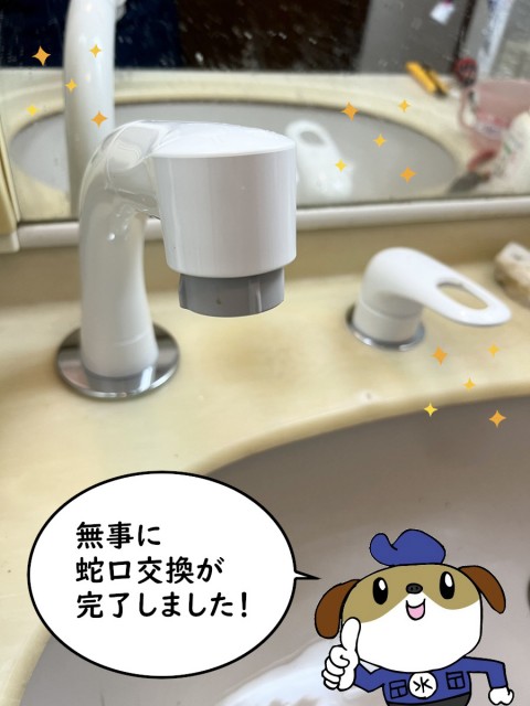 【画像】新しい蛇口が取り付けられています。ハンドルと水が出る部分が分かれているタイプです。プラスチック製の白い蛇口です。