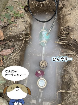 【画像】時開けっと内にガスを注入している写真です。周りに白い煙がたちこめています。