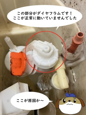 【画像】トイレタンクの中をうつした写真です。真ん中に白いプラスチックでできた部品がうつっています。