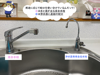 【画像】現場となるキッチン、シンクの写真。向かって左側が水道水とお湯が出る混合栓、右側が浄水器を通して濾過された水が出るタイプ。