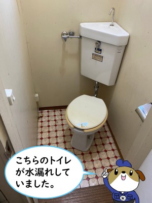 【画像】水漏れしているトイレの写真です。トイレ室内に対して斜めに取り付けられています。