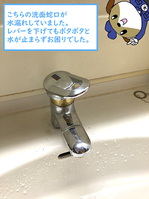 【画像】洗面蛇口から水漏れ。レバー式の混合水栓でレバーを下げてもポタポタと水が漏れてしまい、お客様もお困りのご様子でした。