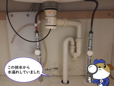 【画像】水漏れしている洗面排水の画像です。樹脂製の排水パイプが繋がっています。