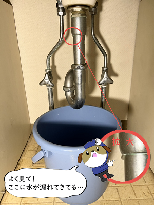 【画像】洗面台下の排管にできた亀裂から水漏れ。
